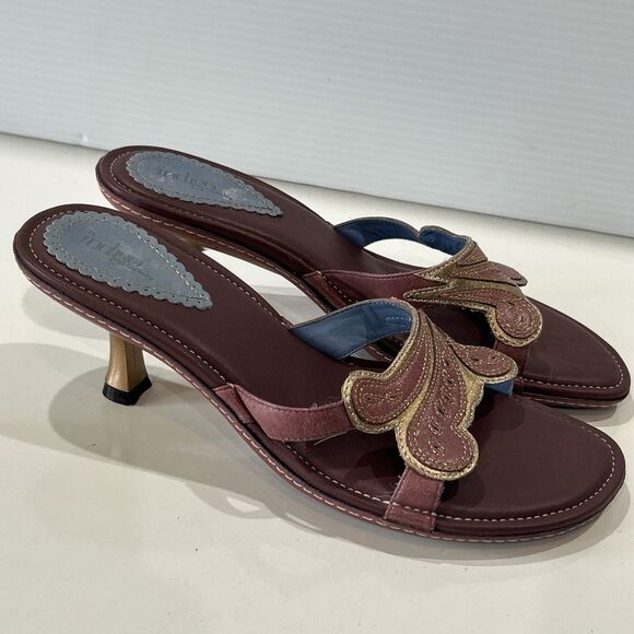 Clarks Indigo Purple Leather Open Toe Sandals Gold Kitten Heels Embroidered 9 - Picture 3 of 10